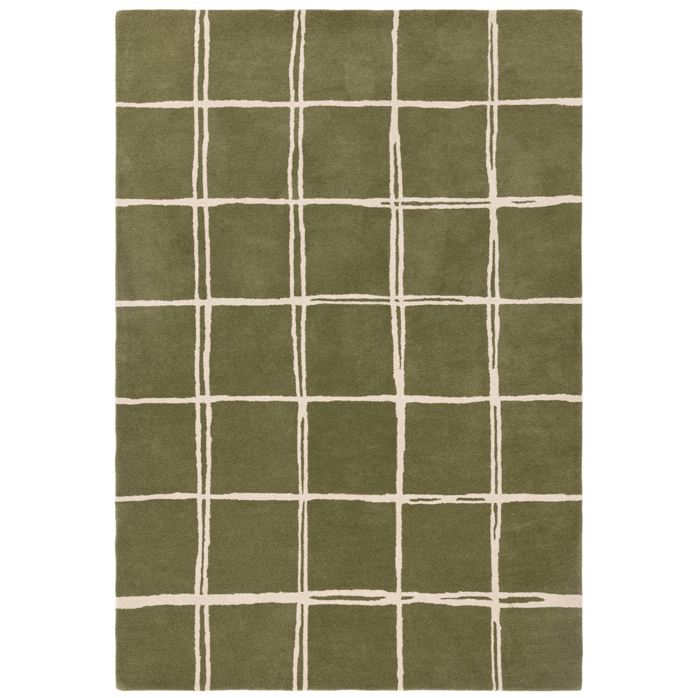 Albany Grid Modern Geometric Wool Rugs in Olive Green